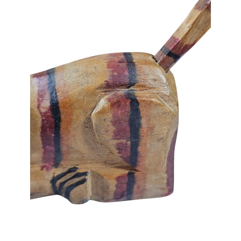 Vintage Guatemala Hand Carved Wood Cat Figurine Folk Art Painted Striped Wooden - Picture 8 of 10